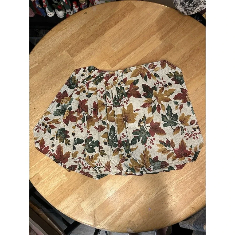 Thanksgiving Fall Placemats Set of 8 Plastic Reversible Autumn Leaves Acorns VTG